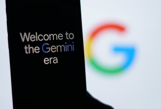 google logo, text containing words welcome to the gemini era