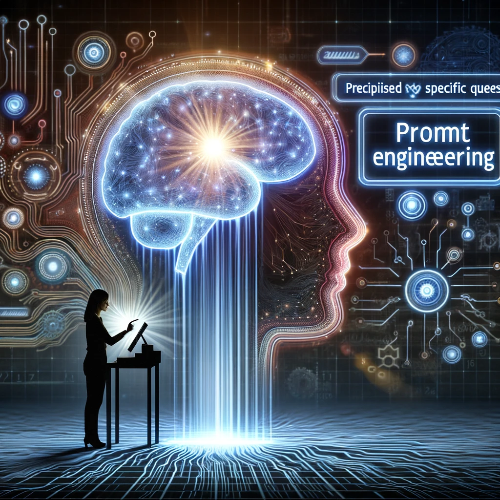 Uma ilustração que retrata o conceito de Engenharia de Prompt, mostrando uma pessoa construindo e otimizando prompts de forma pensativa diante de uma grande tela de computador, simbolizando o processo intrincado de projetar prompts eficazes para interações com IA