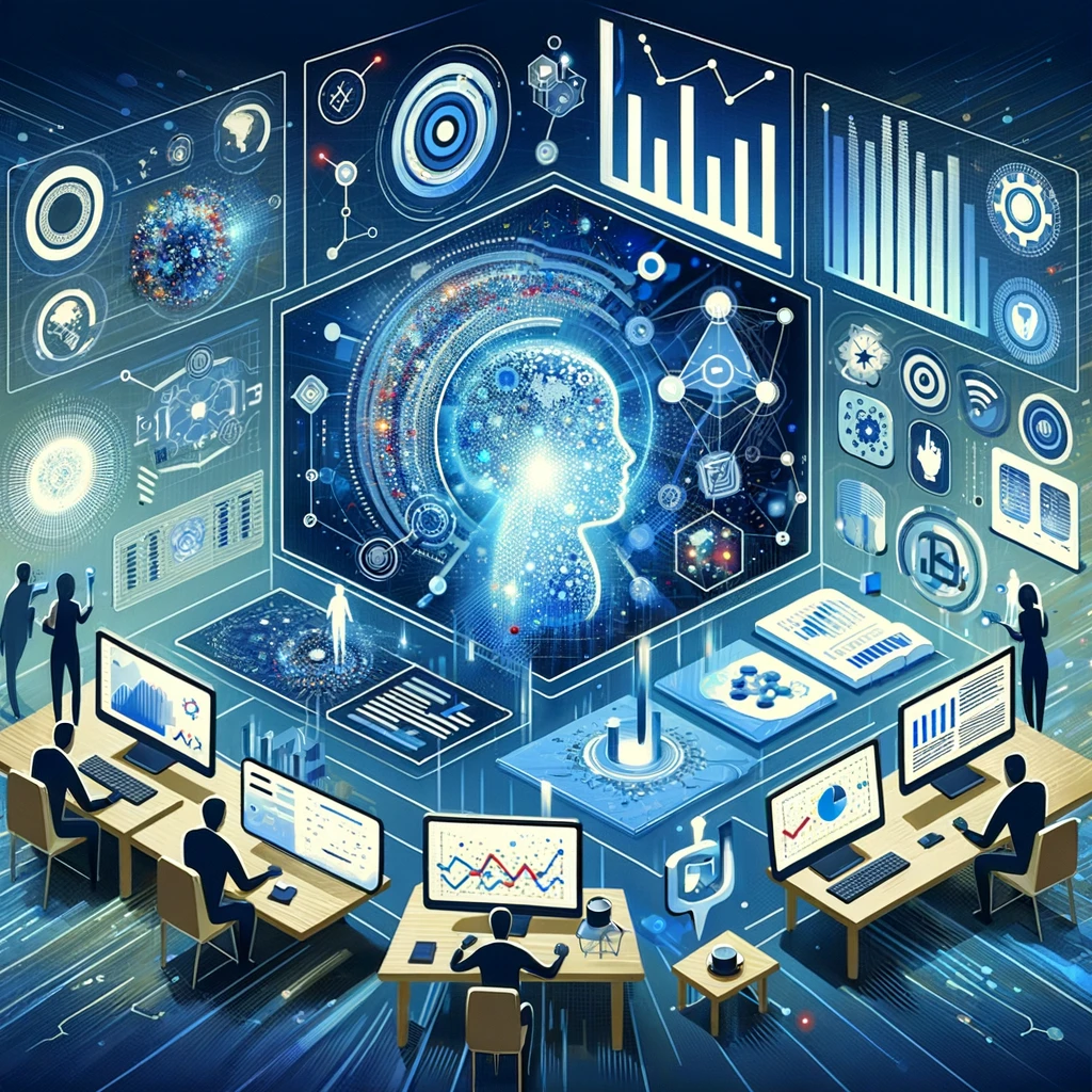 Uma ilustração analítica e perspicaz da análise de dados impulsionada por IA, retratando algoritmos avançados e modelos de aprendizado de máquina sendo usados para vasculhar grandes conjuntos de dados, descobrindo padrões e insights