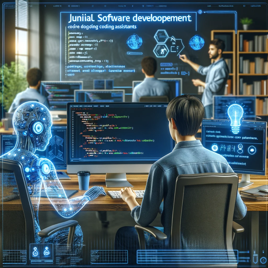 O espaço colaborativo de desenvolvimento de software, onde desenvolvedores júnior e assistentes de codificação por IA coexistem, ressaltando o crescimento e a inovação no desenvolvimento de software.