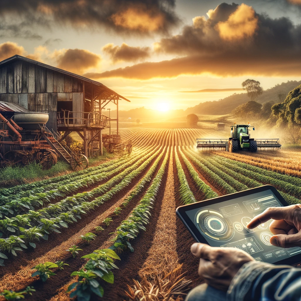 Homem segurando tablet com paisagem agrícola