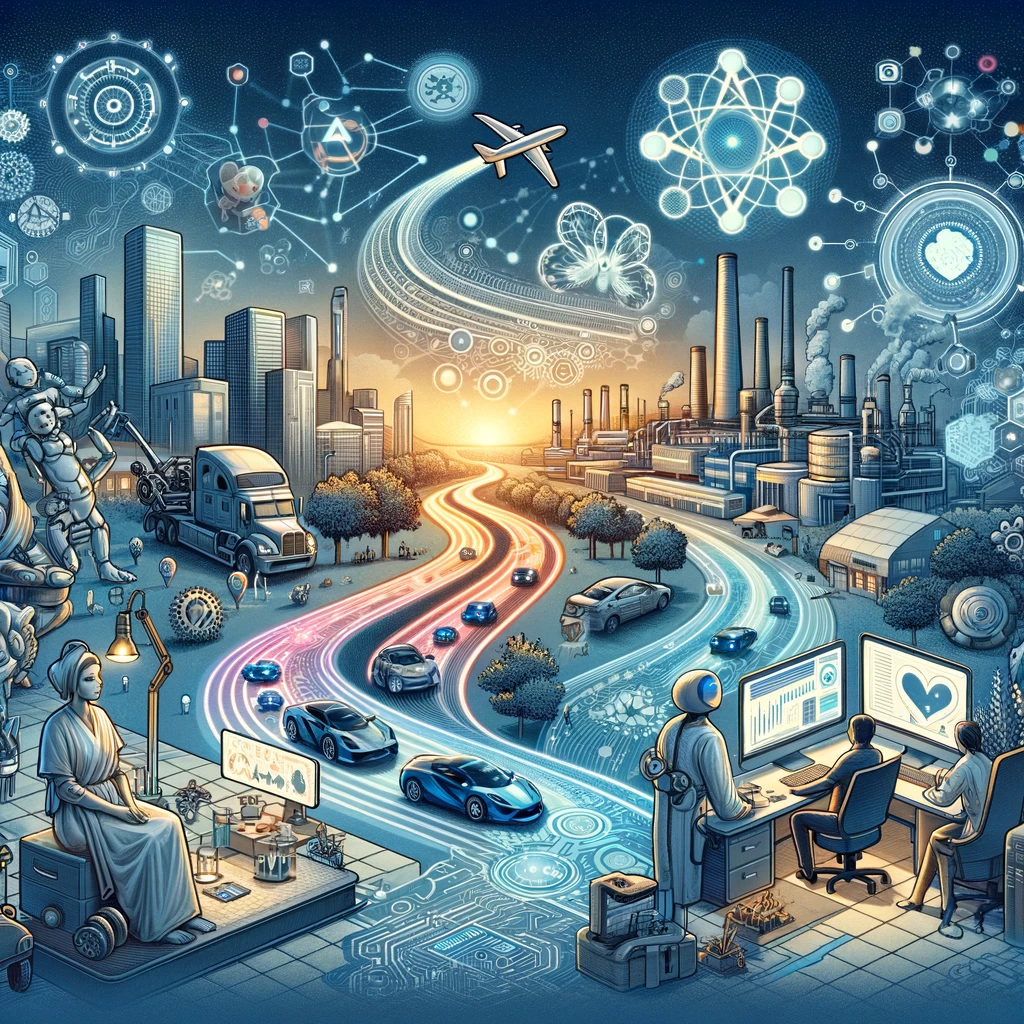 Ilustração representando a mudança tecnológica impulsionada pela IA generativa, destacando a transformação em setores como saúde, automotivo e entretenimento com interfaces digitais e automação AI-driven