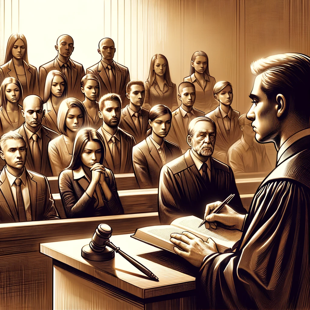 Uma cena de tribunal, ilustrando os elementos humanos da profissão legal, com um juiz, advogados e um júri envolvidos em um caso.