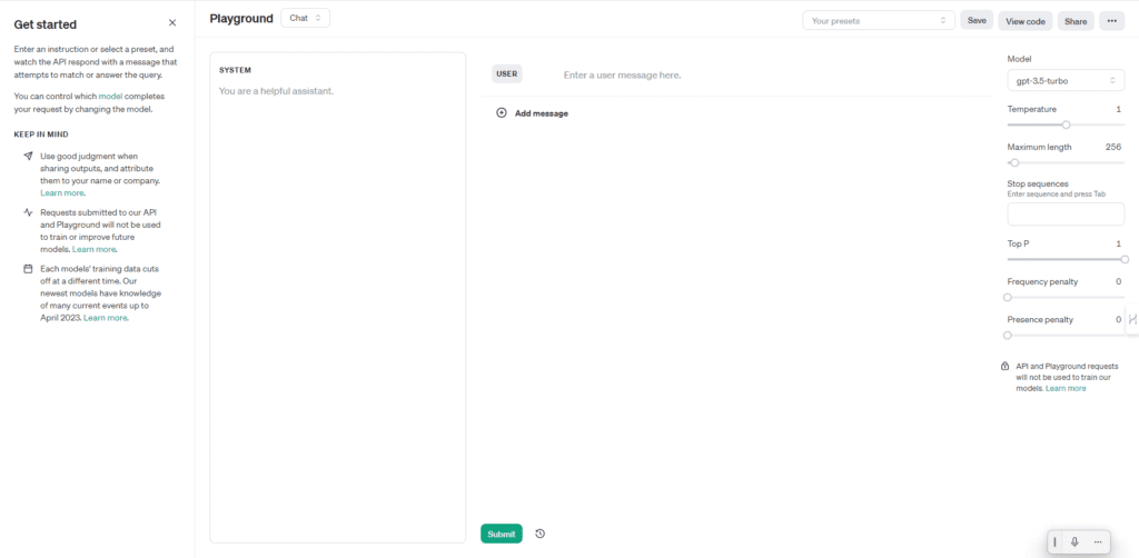 Screenshot Playground Open AI