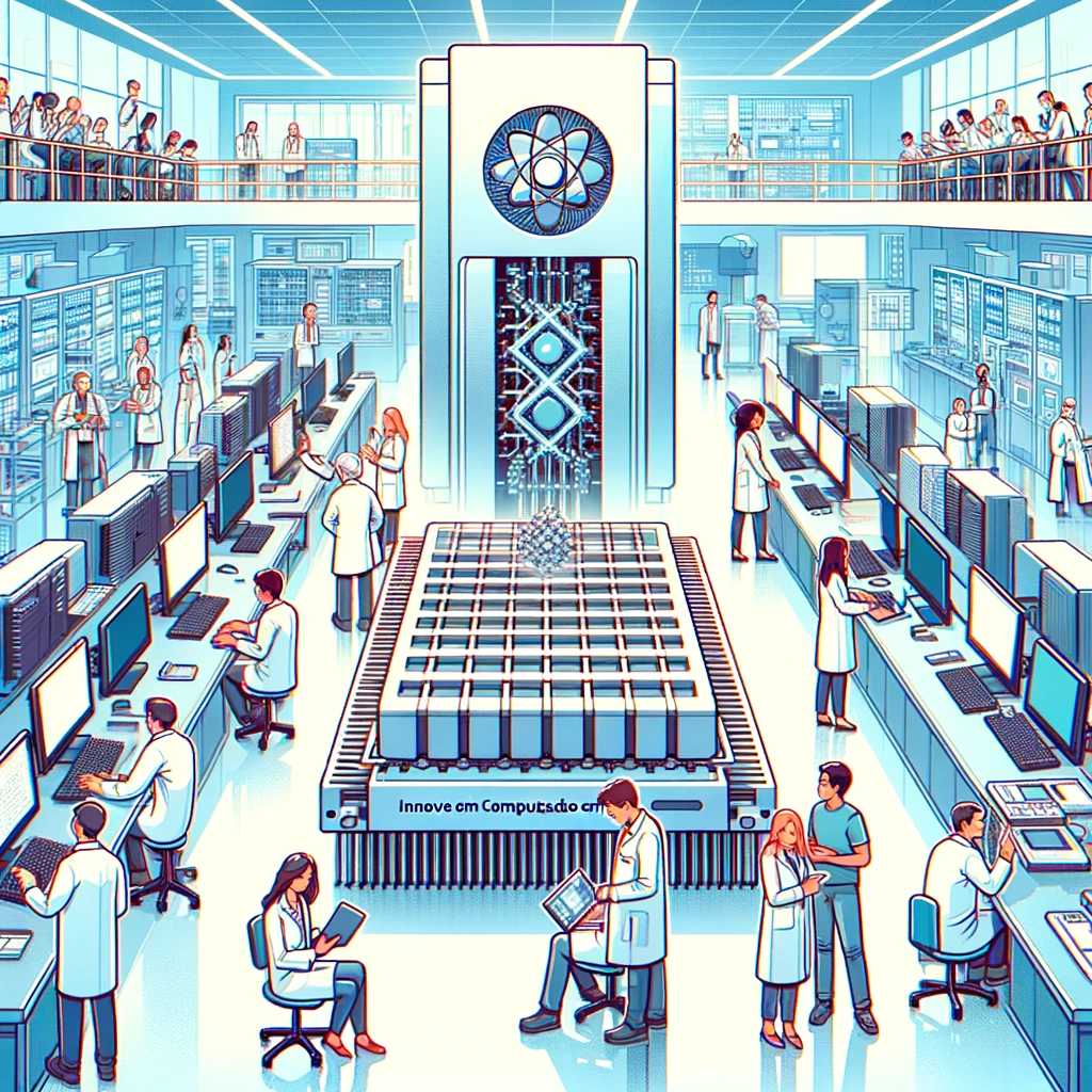 Uma ilustração mostrando cientistas em um laboratório de computação quântica, com um grande processador quântico em destaque, e o texto "Inovação em Computação Quântica