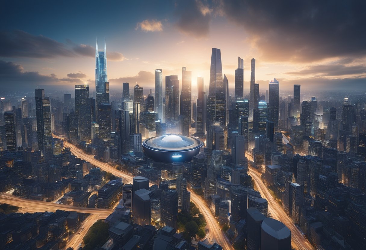 A bustling city skyline with futuristic technology integrated into everyday life, showcasing the impact of artificial intelligence on socioeconomics