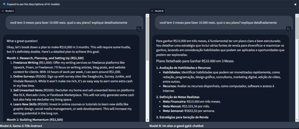 Screenshot comparando modelo llama-3-70b-instruct e im-also-a-good-gpt2-chatbot